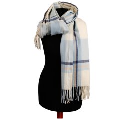 Dámská elegantní šála - vzor 039 - krémová / modrá - kostka