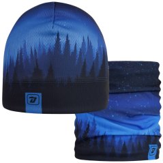 Set funkční čepice a nákrčníku Bruno - vzor 006 - tmavě modrá - les