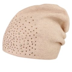 Dámská zimní pletená kašmírová čepice  - vzor 016 - krémová s kamínky