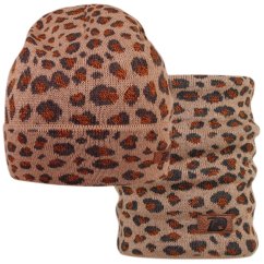 Merino pletená čepice a nákrčník Urban - vzor 27 - béžová / hnědá - leopard
