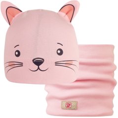 Dětská bavlněná čepice s nákrčníkem Zoo - zvířátka - vzor 09 - světle růžová - kočička