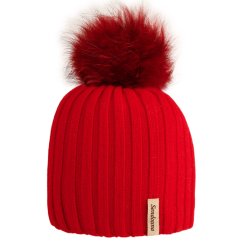 Dámská zimní pletená kašmírová čepice - vzor 061 - červená - bambule z pravé kožešiny