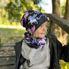 Set fleecové čepice a nákrčníku Yetti - vzor 42 - černá - jednorožci