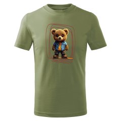 Dětské bavlněné tričko s potiskem - vzor 040 - světlá khaki / medvídek