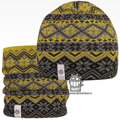 Merino set, pletená čepice a nákrčník Oslo - vzor 09 - černá / šedá / zelená