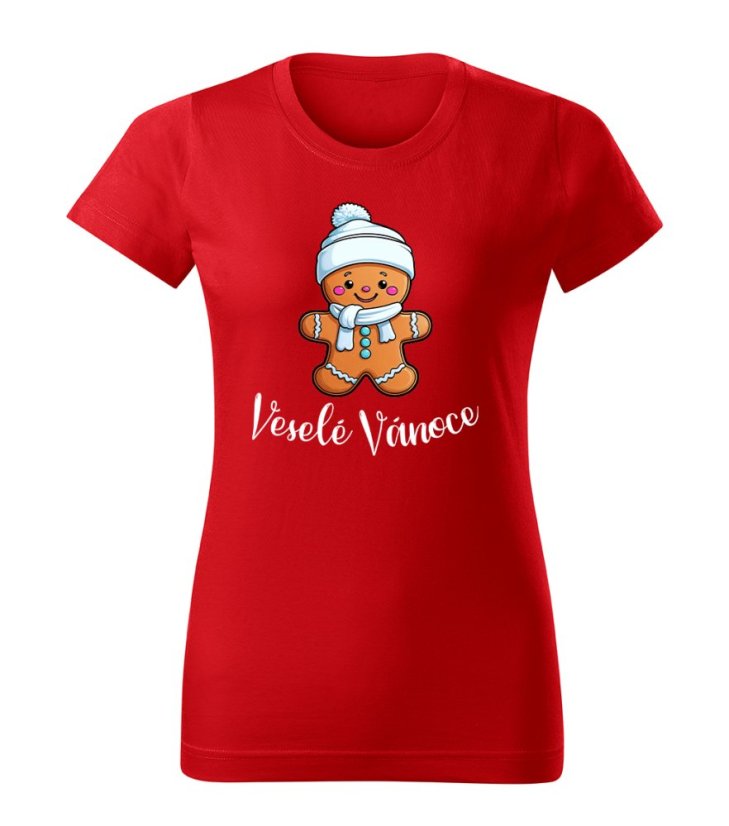 Dámské bavlněné tričko s potiskem - vzor 0006 - červená / Veselé Vánoce - perníček