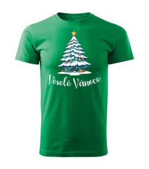 Bavlněné unisex tričko s potiskem - vzor 0023 - zelená/ Veselé Vánoce - stromeček