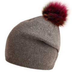 Dámská zimní pletená kašmírová čepice - vzor 052 - šedá - bambule z pravé kožešiny