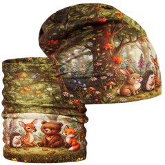 Set fleecové čepice a nákrčníku Yetti - vzor 75 - zelená - zvířátka v lese