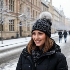 Zimní pletená čepice s chlupatou bambulí - vzor 005 - černá / šedá