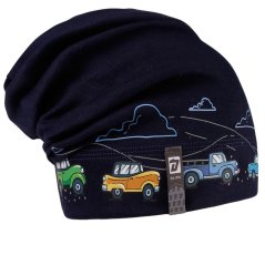 Spadlá bavlněná čepice Pepe - vzor 14 - tm. modrá - auta