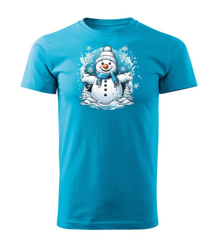 Bavlněné unisex tričko s potiskem - vzor 0027 - tyrkysová / sněhulák
