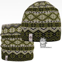 Merino set, pletená čepice a nákrčník Oslo - vzor 05 - černá / zelená / šedá
