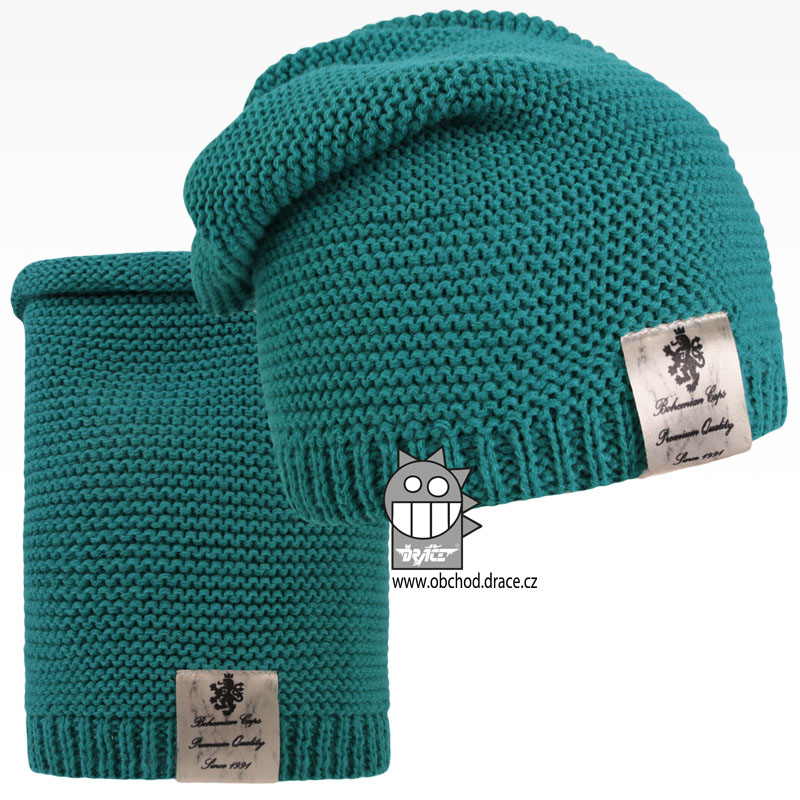 Čepice pletená a nákrčník Colors set - vzor 16 - petrolejová