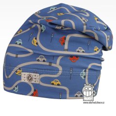 Bavlněná celopotištěná spadlá čepice - vzor 02 - modrá, auta