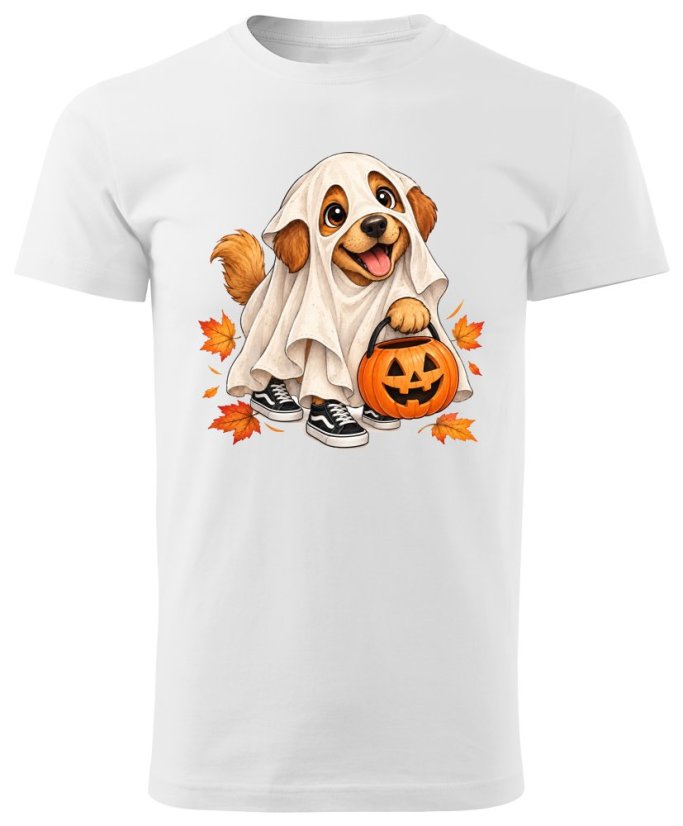 Dětské bavlněné tričko s potiskem - vzor 0257 - bílá - Halloween - pejsek bubák