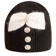 Dámská zimní pletená kašmírová čepice  - vzor 056 - černá - s mašlí a kamínky