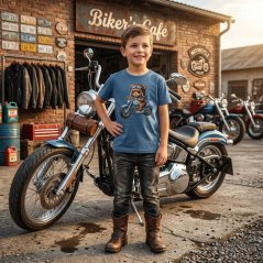 Dětské bavlněné tričko s potiskem - vzor 0246 - denim  - medvěd  na motorce