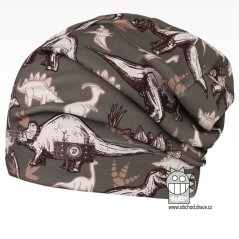Bavlněná celopotištěná spadlá čepice - vzor 16 - khaki zelená, dinosauři