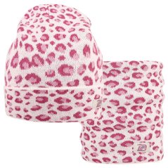 Merino pletená čepice a nákrčník Urban - vzor 17 - bílá / růžová - leopard