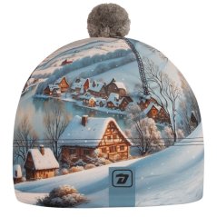 Flavio - zimní funkční čepice - vzor 189 - šedomodrá - zasněžené chaloupky