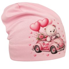 Spadlá bavlněná čepice Pepe - vzor 53 - světle růžová -  medvídek v autíčku
