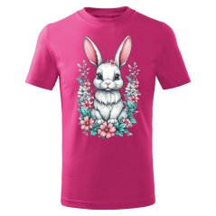Dětské bavlněné tričko s potiskem - vzor 030 - malinová / králík s květinami