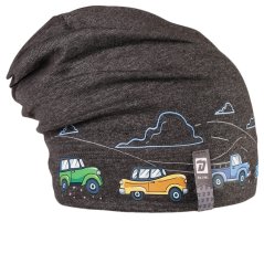 Spadlá bavlněná čepice Pepe - vzor 15 - tm. šedá - auta