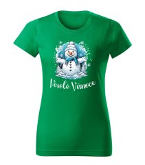 Dámské bavlněné tričko s potiskem - vzor 0003 - zelená / Veselé Vánoce - sněhulák