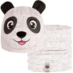 Dětská bavlněná čepice s nákrčníkem Zoo - zvířátka - vzor 01 - bílá melír - panda