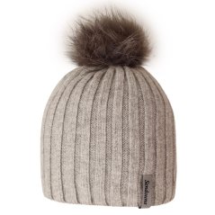 Dámská zimní pletená kašmírová čepice - vzor 064 - světle šedá - bambule z pravé kožešiny