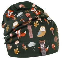 Spadlá bavlněná čepice Pepe - vzor 11 - lahvově zelená - lesní zvířátka