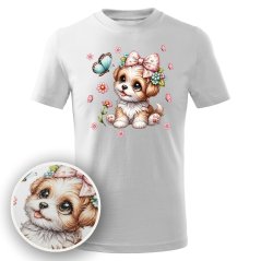 Dětské bavlněné tričko s třpytivým potiskem - vzor 229 - Pejsek s motýlkem