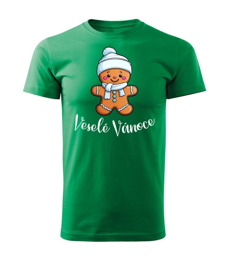 Bavlněné unisex tričko s potiskem - vzor 0026 - zelená/ Veselé Vánoce - perníček