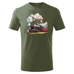 Dětské bavlněné tričko s potiskem - vzor 062 - khaki / vlak