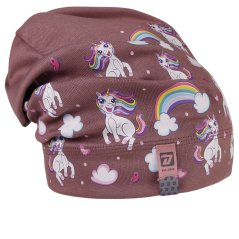 Spadlá bavlněná čepice Pepe - vzor 21 - hnědofialová - jednorožci