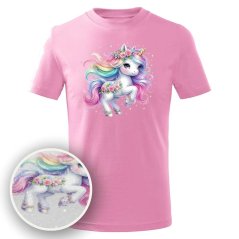 Dětské bavlněné tričko s třpytivým potiskem - vzor 231 - Duhový jednorožec