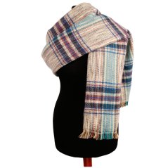 Dámská elegantní šála - vzor 018 - béžová / tyrkysová - kostka