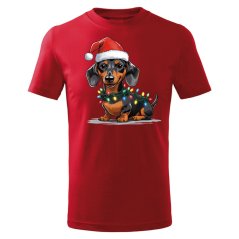 Dětské bavlněné tričko s potiskem - vzor 221 - červená / Veselé Vánoce - jezevčík