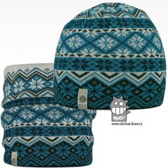 Merino set, pletená čepice a nákrčník Oslo - vzor 02 - modrá / bílá