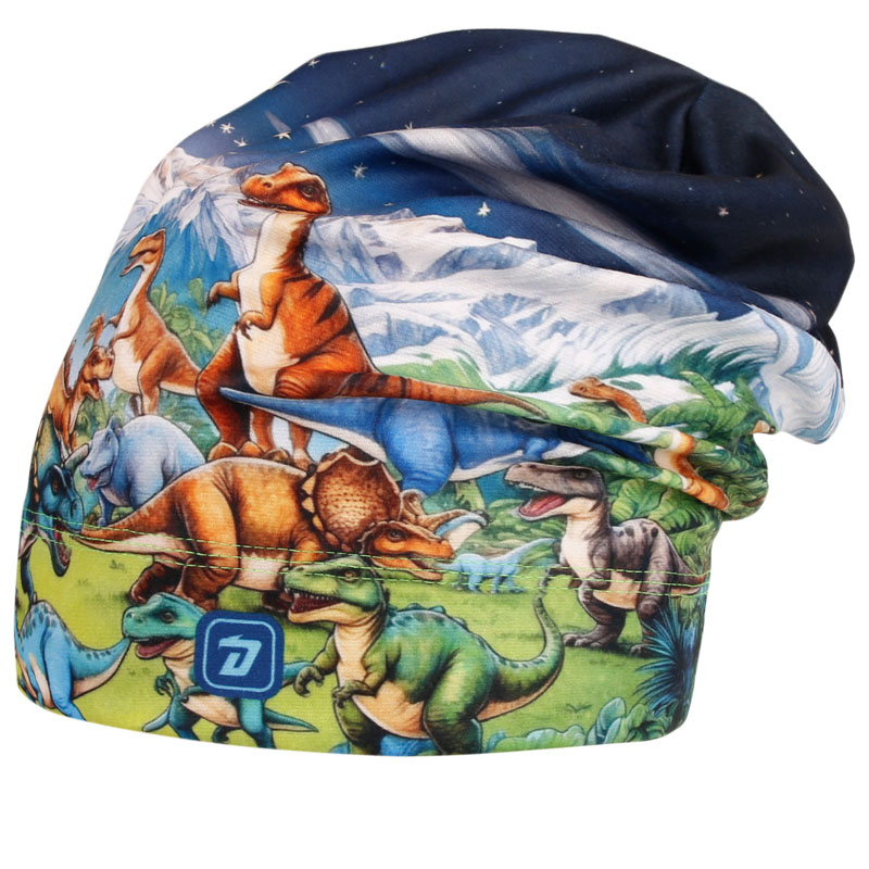 Fleecová čepice Yetti - vzor 47 - modrá - dinosauři