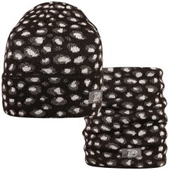 Merino pletená čepice a nákrčník Urban - vzor 25 - černá / šedá - leopard