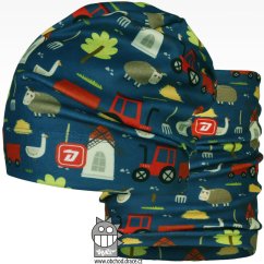 Set fleecové čepice a nákrčníku Yetti - vzor 21 - petrol, traktor