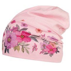 Bavlněná čepice Polo - vzor 95 - světle růžová - květy