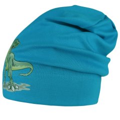 Spadlá bavlněná čepice Pepe - vzor 24 - tyrkysová - dinosaurus