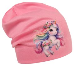 Spadlá bavlněná čepice Pepe - vzor 54 - růžová -  duhový jednorožec