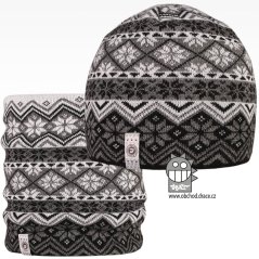 Merino set, pletená čepice a nákrčník Oslo - vzor 07 - černá / šedá / bílá