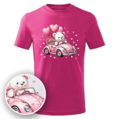 Dětské bavlněné tričko s třpytivým potiskem - vzor 230 - Medvídek v autíčku