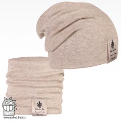 Bavlněná čepice s nákrčníkem Pastels DOUBLE set - vzor 24 - béžová / zlatá niť