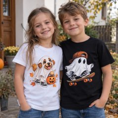 Dětské bavlněné tričko s potiskem - vzor 0259 - bílá - Halloween - bubák na skateboardu
